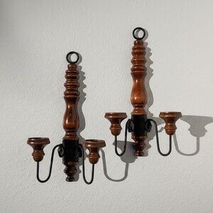 Vintage Wood & Wrought Iron Wall Sconces Candelabras Rustic Farmhouse Decor Pair